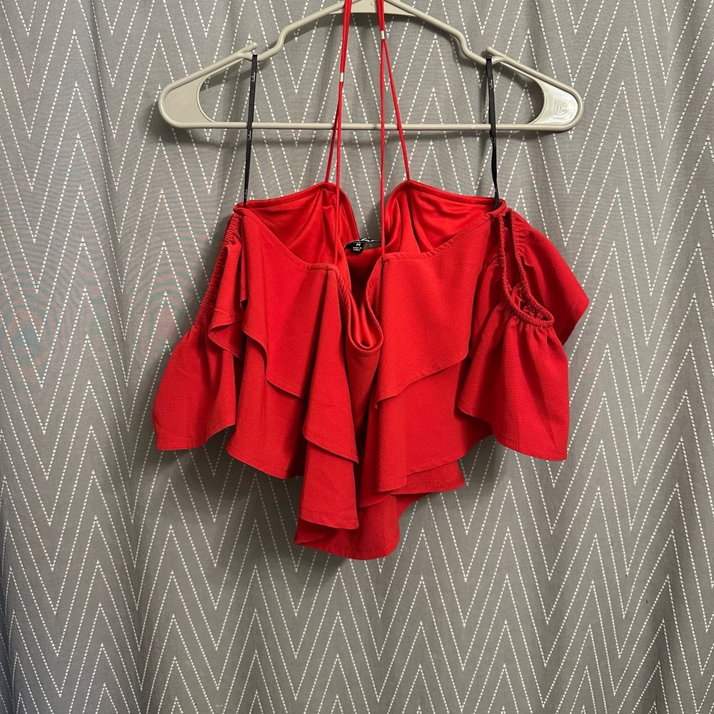 Lulus Red Ruffled Off-the-Shoulder Crop Top - Picture 2 of 4